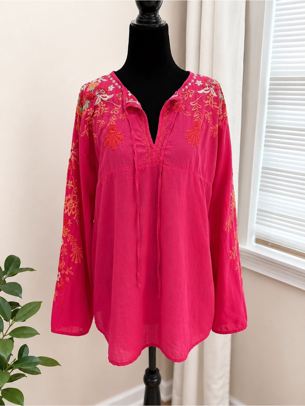 Johnny Was Bright Pink Embroidered V-Neck Blouse Top—100% Cotton